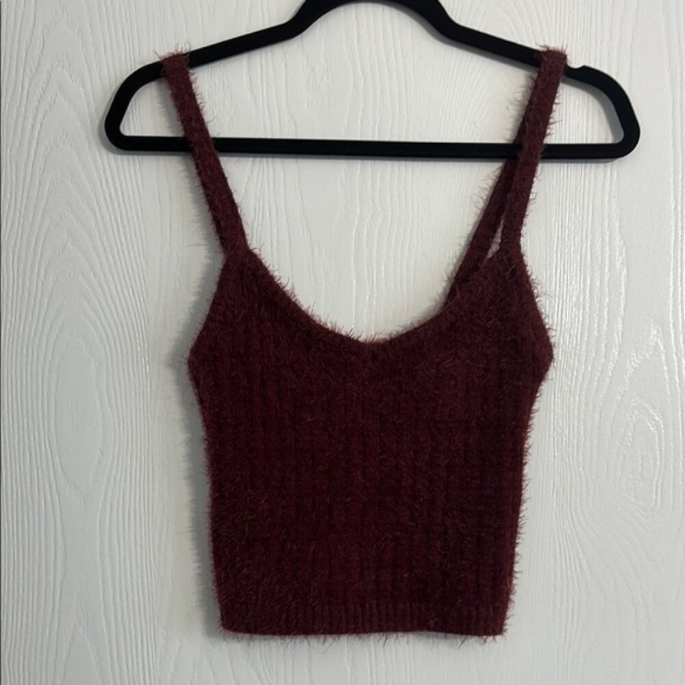 Elegant Burgundy Fuzzy Knit Tank Top